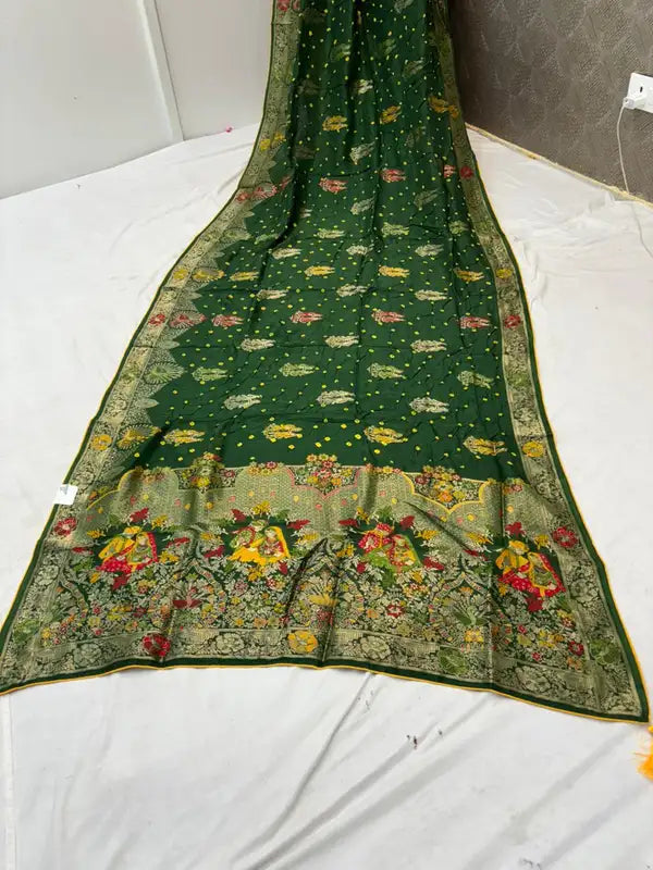 Heritage Green Dola Silk Bandhej Meena Saree For Women