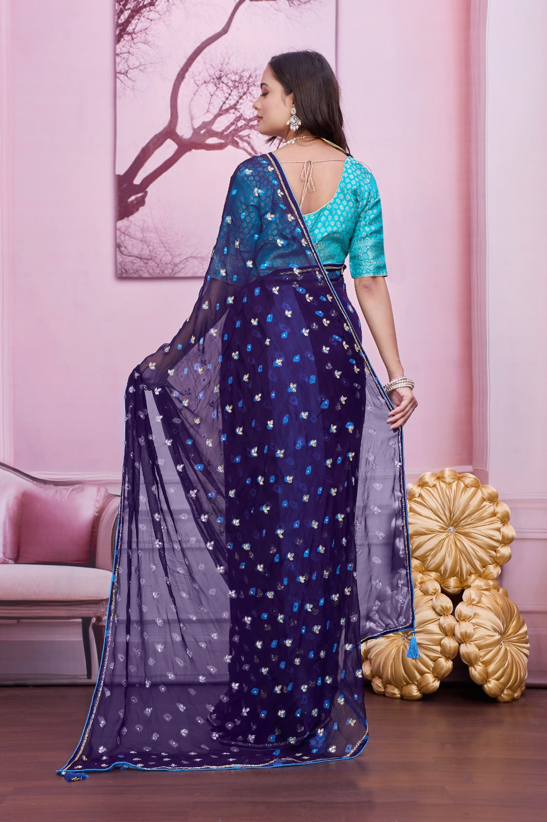 š Troika Fashion ā Navy Blue Chiffon Bandhej Handwork Saree