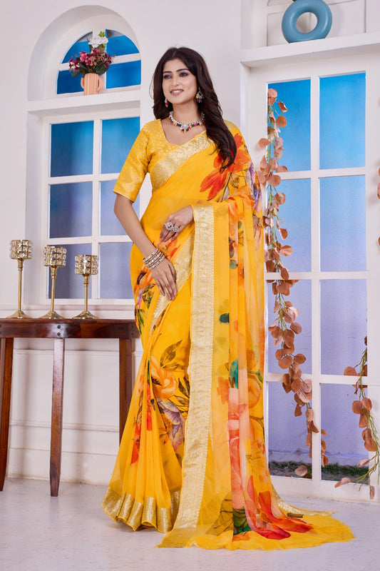 Troika Fashion – Yellow Chiffon Floral Print Saree with Golden Border