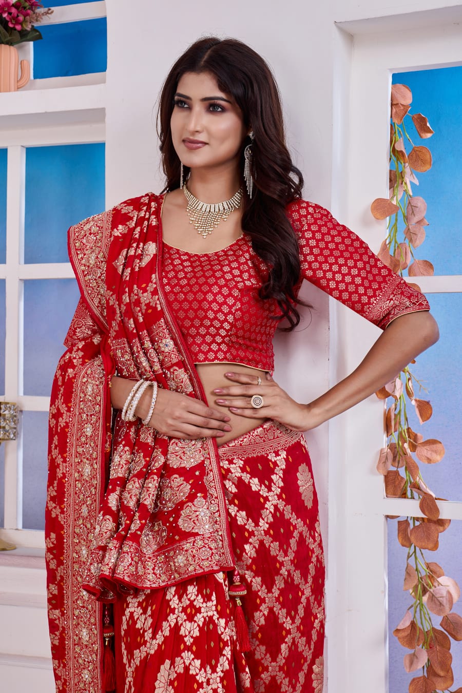 ❤️ Troika Fashion – Classic Bridal Red Chinon Meena Weaving Saree with Zarkan & Dabka Handwork