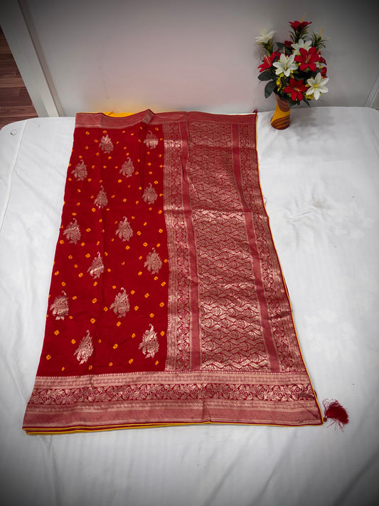 Troika Fashion – Deep Red Dola Silk Bandhej Saree with Zari Weaving & Buta Embroidery