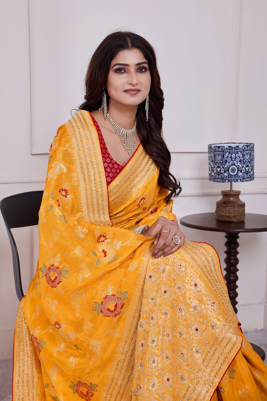 π Troika Fashion β Festive Haldi Yellow Dola Silk Saree with Cutdana, Dabka & Meena Handwork