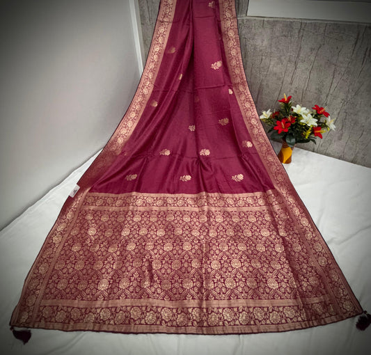 Troika Fashion – Maroon Dola Silk Saree with Golden Zari Floral Weaving & Classic Borders