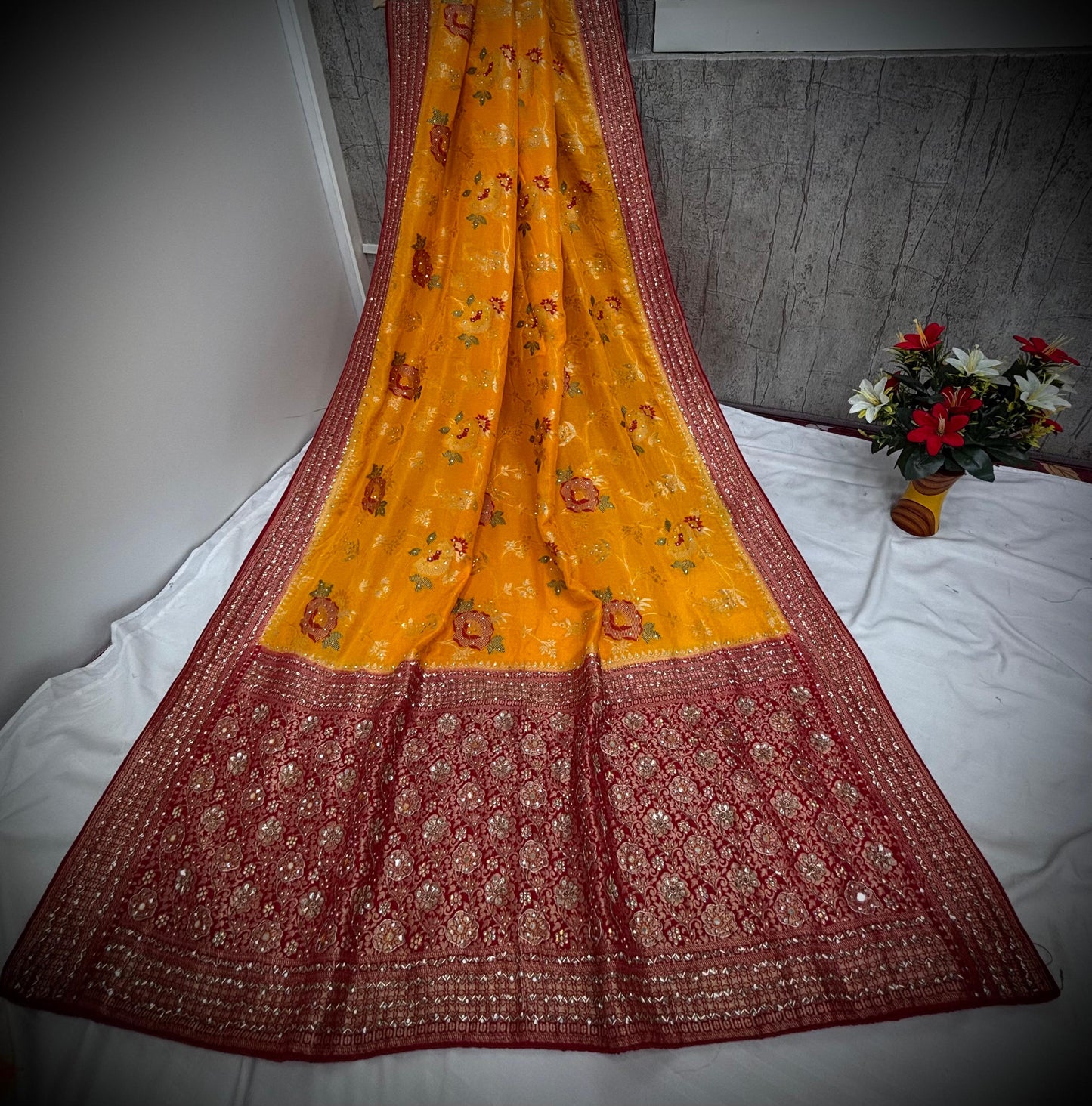 Troika Fashion – Mustard Yellow & Red Dola Silk Handwork Saree with Floral Embroidery & Zari Detailing