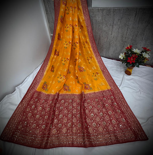 Troika Fashion – Mustard Yellow & Red Dola Silk Handwork Saree with Floral Embroidery & Zari Detailing
