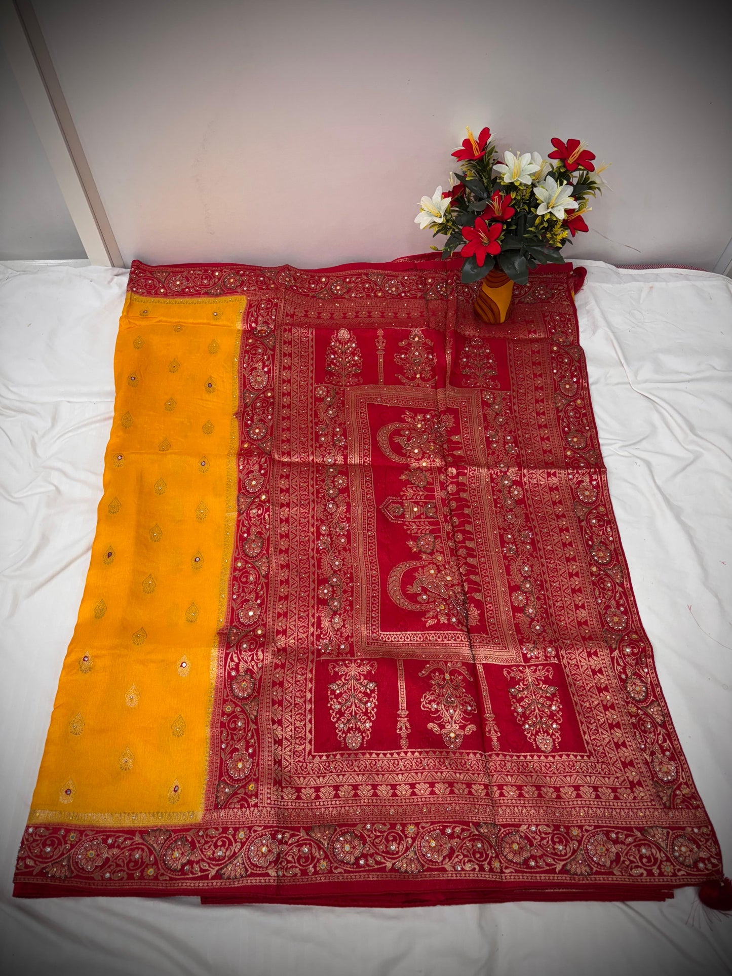 Troika Fashion – Mustard Yellow & Red Dola Silk Handwork Saree with Intricate Zari & Embellished Pallu