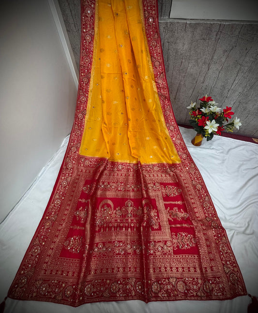 Troika Fashion – Mustard Yellow & Red Dola Silk Handwork Saree with Intricate Zari & Embellished Pallu