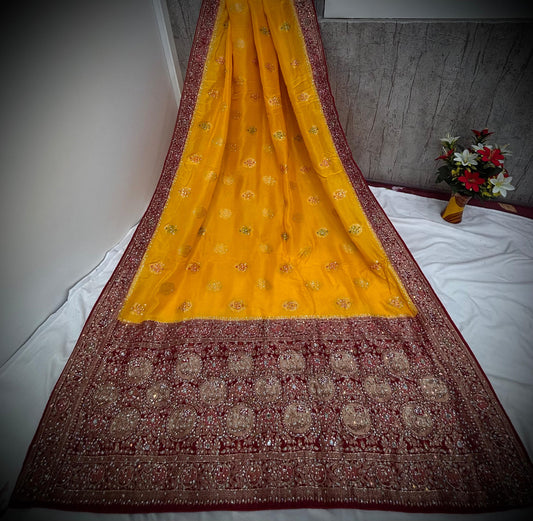 Troika Fashion – Mustard Yellow & Maroon Dola Silk Handwork Saree with Intricate Zari & Stone Embellishments
