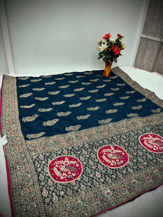 Troika Fashion – Navy Blue Dola Silk Handwork Saree with Intricate Zari & Contrast Motifs