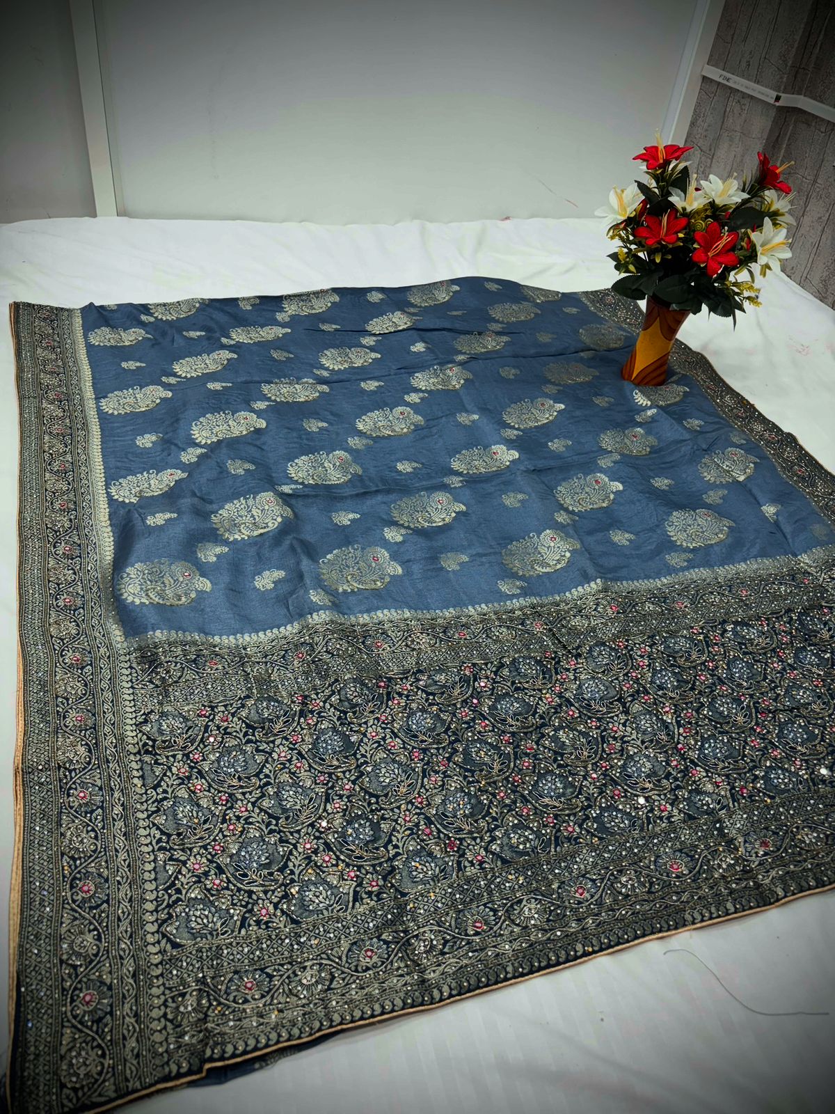 Troika Fashion – Steel Blue Dola Silk Handwork Saree with Zari Embroidery & Stone Accents