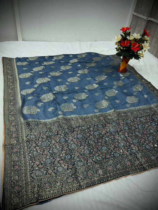 Troika Fashion – Steel Blue Dola Silk Handwork Saree with Zari Embroidery & Stone Accents