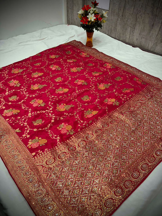Troika Fashion – Crimson Red Dola Silk Handwork Saree with Floral Embroidery & Rich Zari Detailing