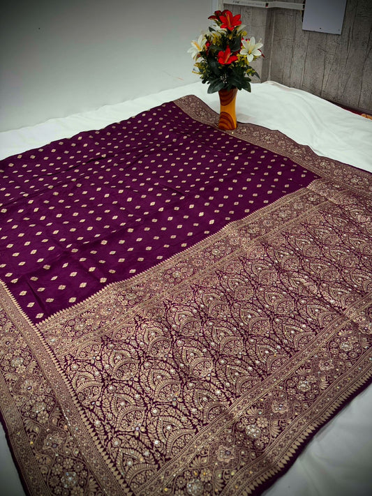 Troika Fashion – Royal Purple Dola Silk Handwork Saree with Zari Embroidery & Ornate Borders