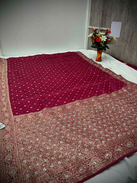 Troika Fashion – Maroon Dola Silk Handwork Saree with Heavy Zari & Stone Embellished Border
