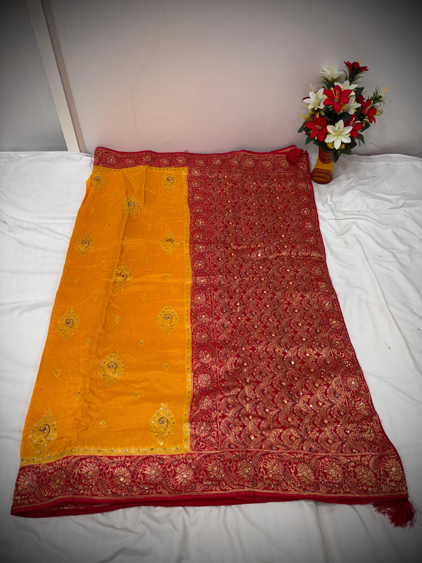 Troika Fashion – Mustard Yellow & Red Dola Silk Handwork Saree with Intricate Zari & Stone Detailing