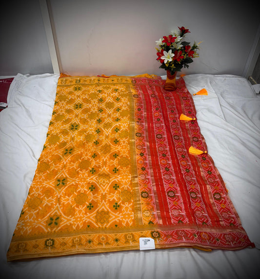 Troika Fashion – Yellow & Red Dola Silk Saree with Mina Work and Festive Geometric Weaving