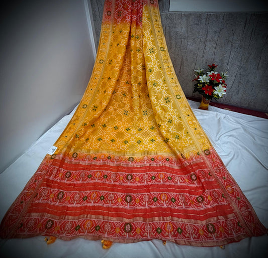 Troika Fashion – Yellow & Red Dola Silk Saree with Mina Work and Festive Geometric Weaving