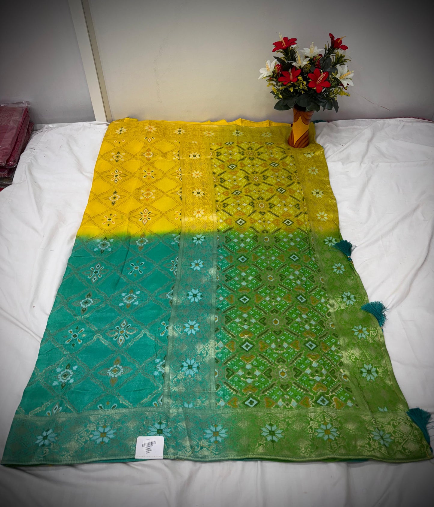 Troika Fashion – Yellow & Green Dola Silk Saree with Intricate Mina Work & Festive Elegance