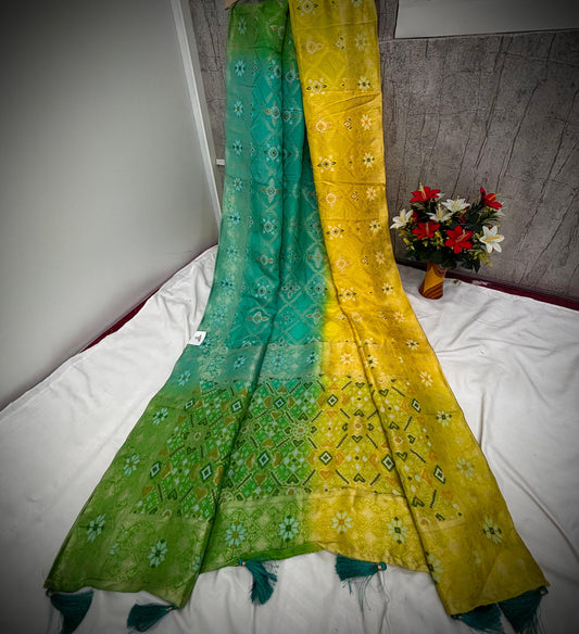 Troika Fashion – Yellow & Green Dola Silk Saree with Intricate Mina Work & Festive Elegance