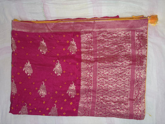 Troika Fashion – Bright Pink Dola Silk Bandhej Saree with Zari Weaving & Buta Work Saree