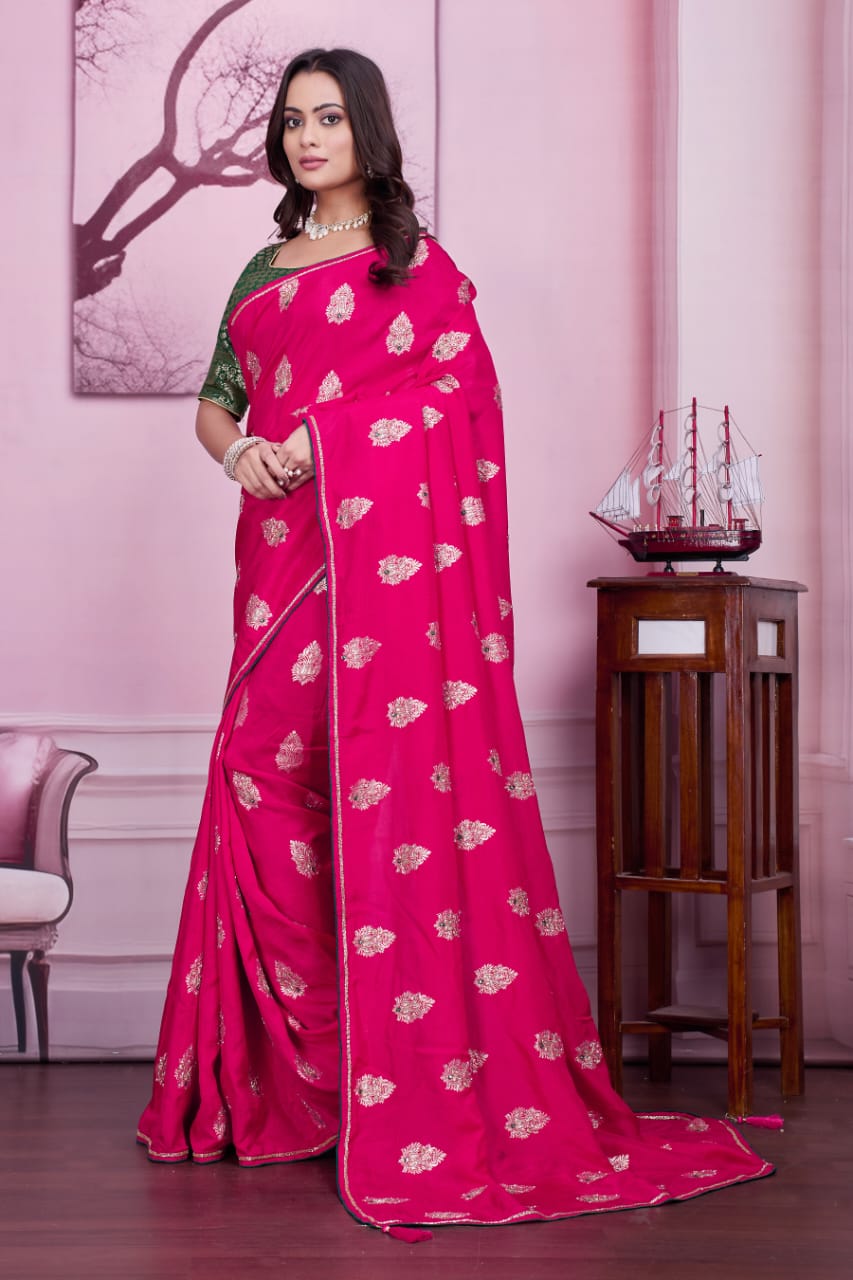 π Troika Fashion β Rani Pink Dola Silk MX Buta with Cutdana & Mirror Handwork