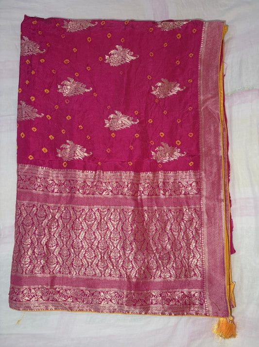 Troika Fashion – Bright Pink Dola Silk Bandhej Saree with Zari Weaving & Buta Work Saree