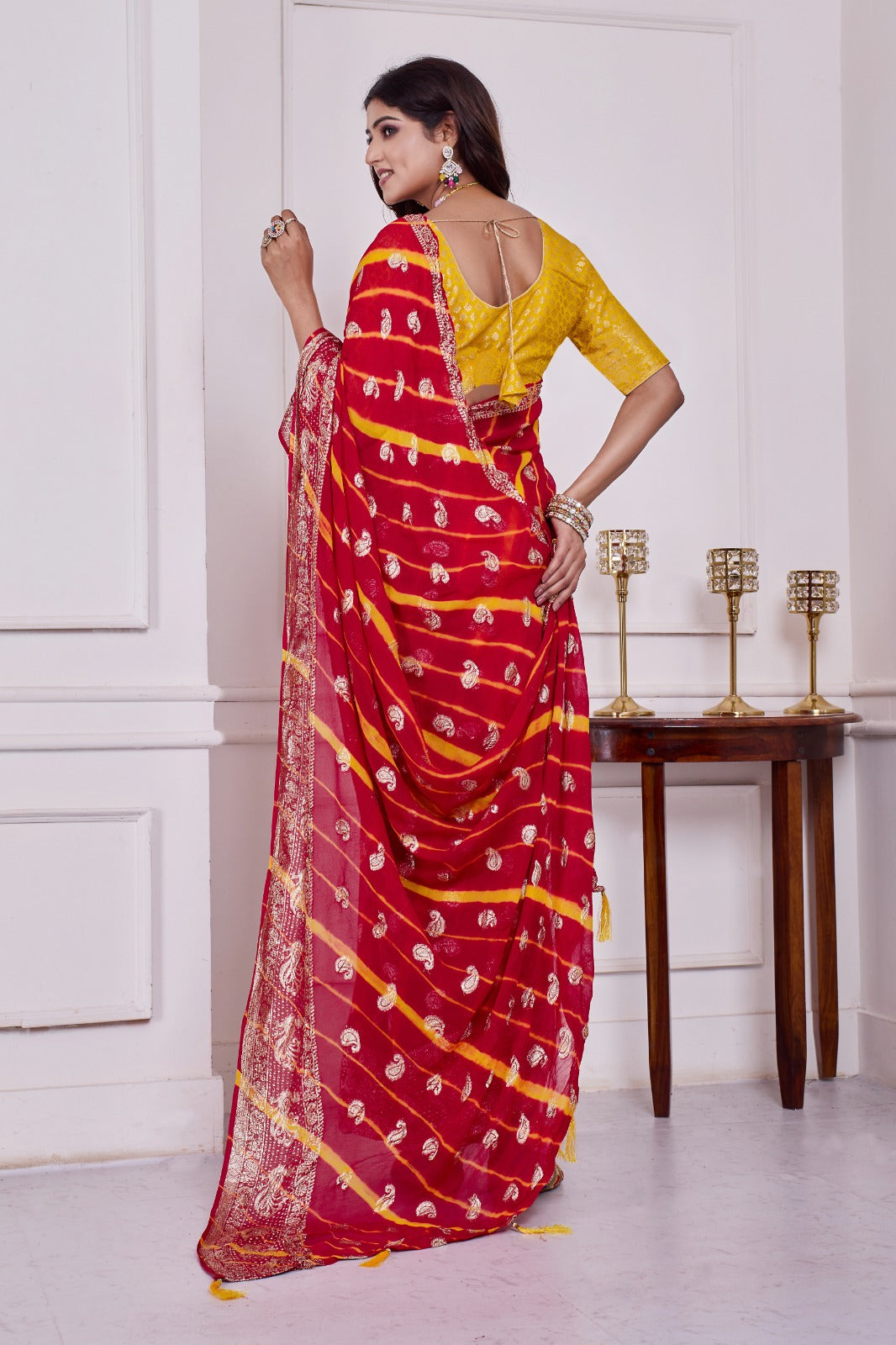Troika Fashion – Red & Yellow Georgette Leheriya Saree with Zari Border