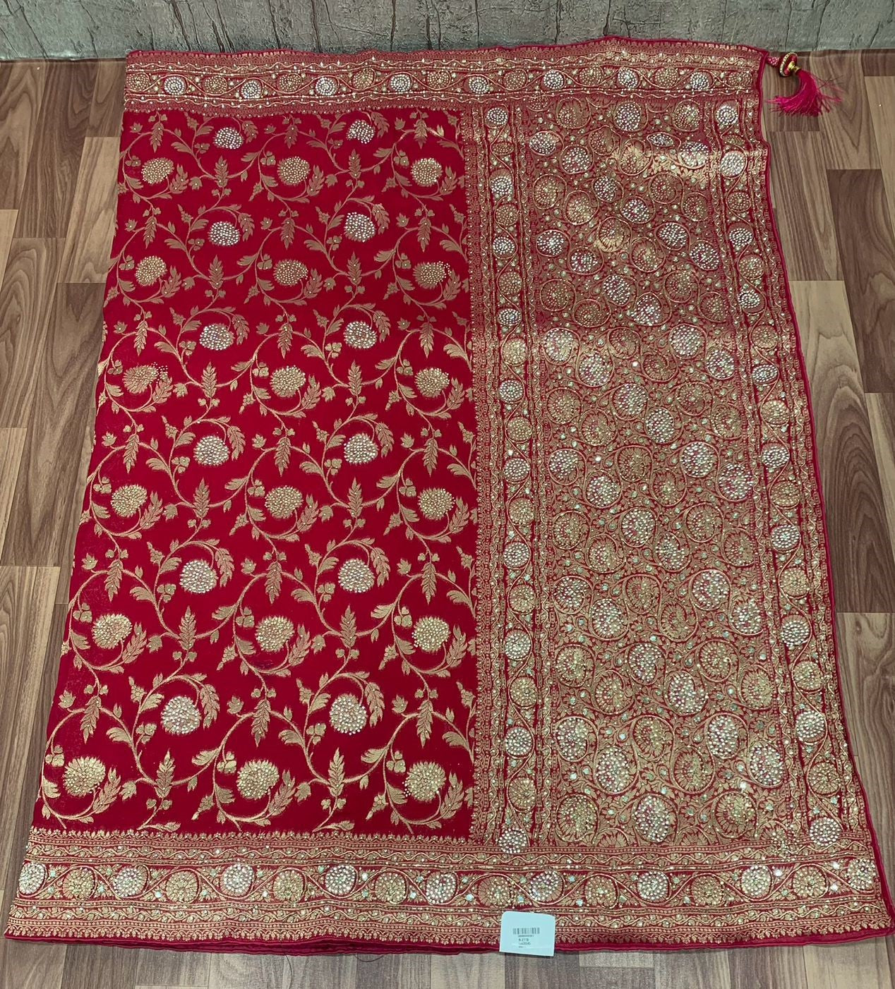 Georgette Khadi Handwork Saree – Deep Red with Heavy Hand-Embellished Pallu