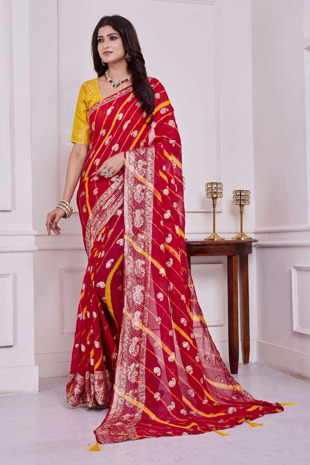 Troika Fashion – Red & Yellow Georgette Leheriya Saree with Zari Border
