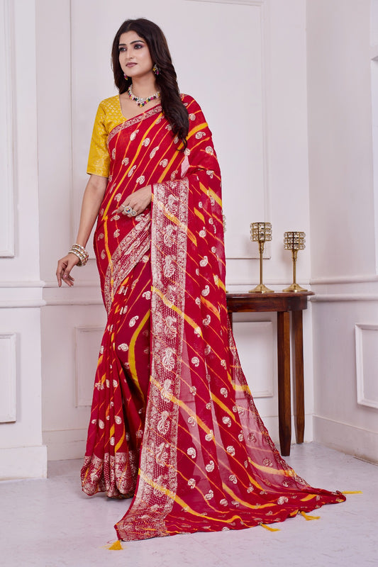 Troika Fashion – Red & Yellow Georgette Leheriya Saree with Zari Border