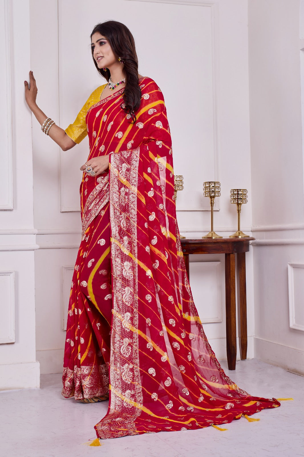 Troika Fashion – Red & Yellow Georgette Leheriya Saree with Zari Border