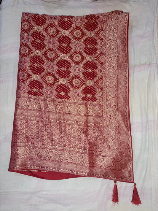 Troika Fashion – Rich Maroon Georgette Khaddi Bandhej Saree with Zari Weaving