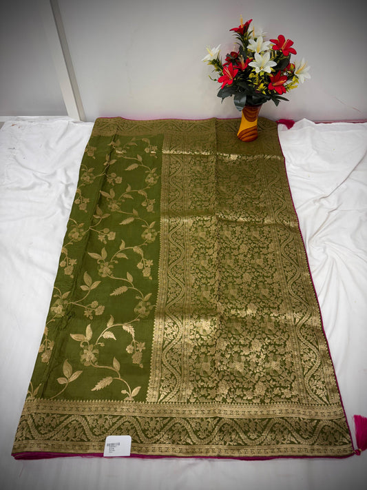 Troika Fashion – Olive Green HO Silk Saree with Golden Zari Floral Weaving & Regal Borders