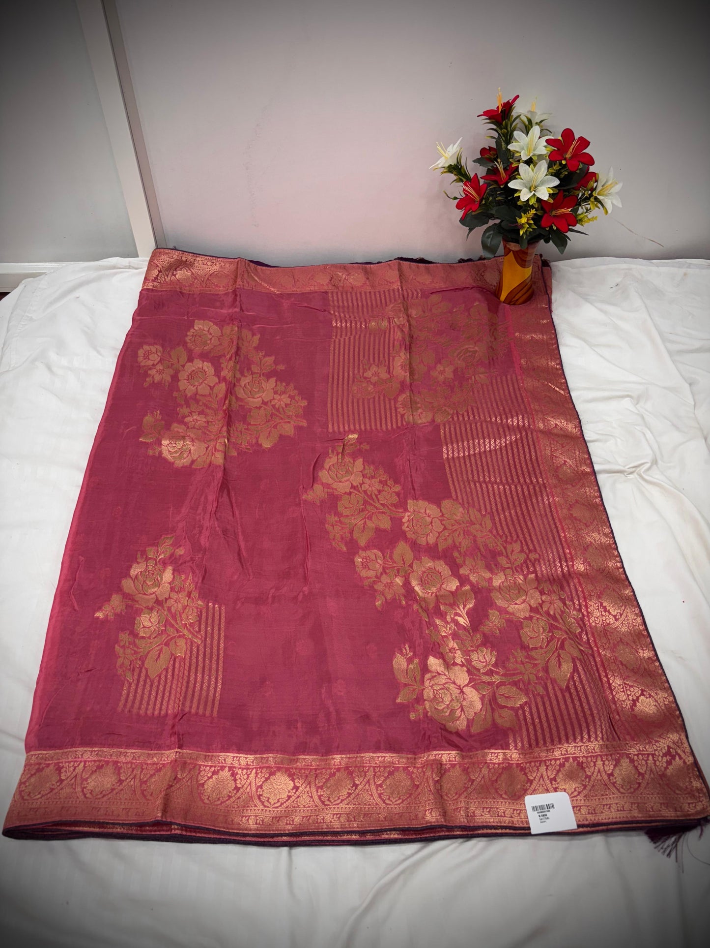 Troika Fashion – Rose Pink HO Silk Saree with Golden Zari Floral Work & Elegant Borders
