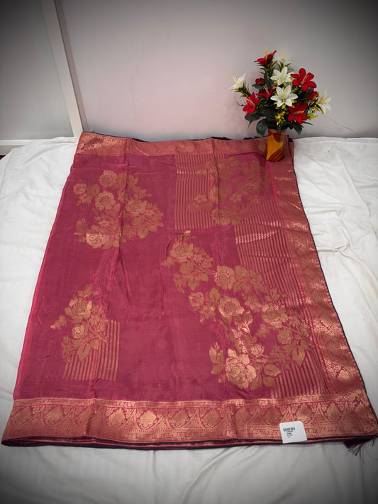 Troika Fashion – Rose Pink HO Silk Saree with Golden Zari Floral Work & Elegant Borders