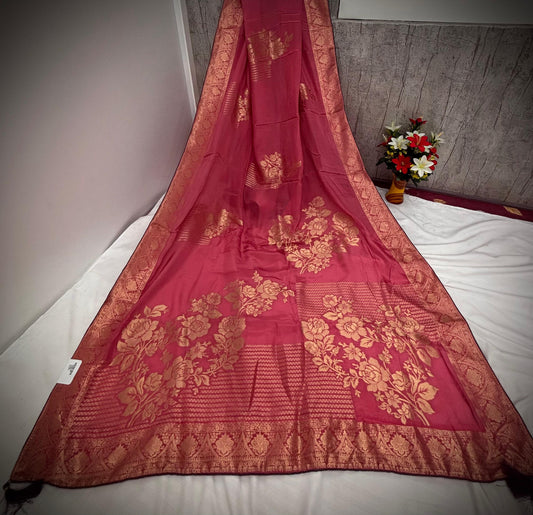 Troika Fashion – Rose Pink HO Silk Saree with Golden Zari Floral Work & Elegant Borders