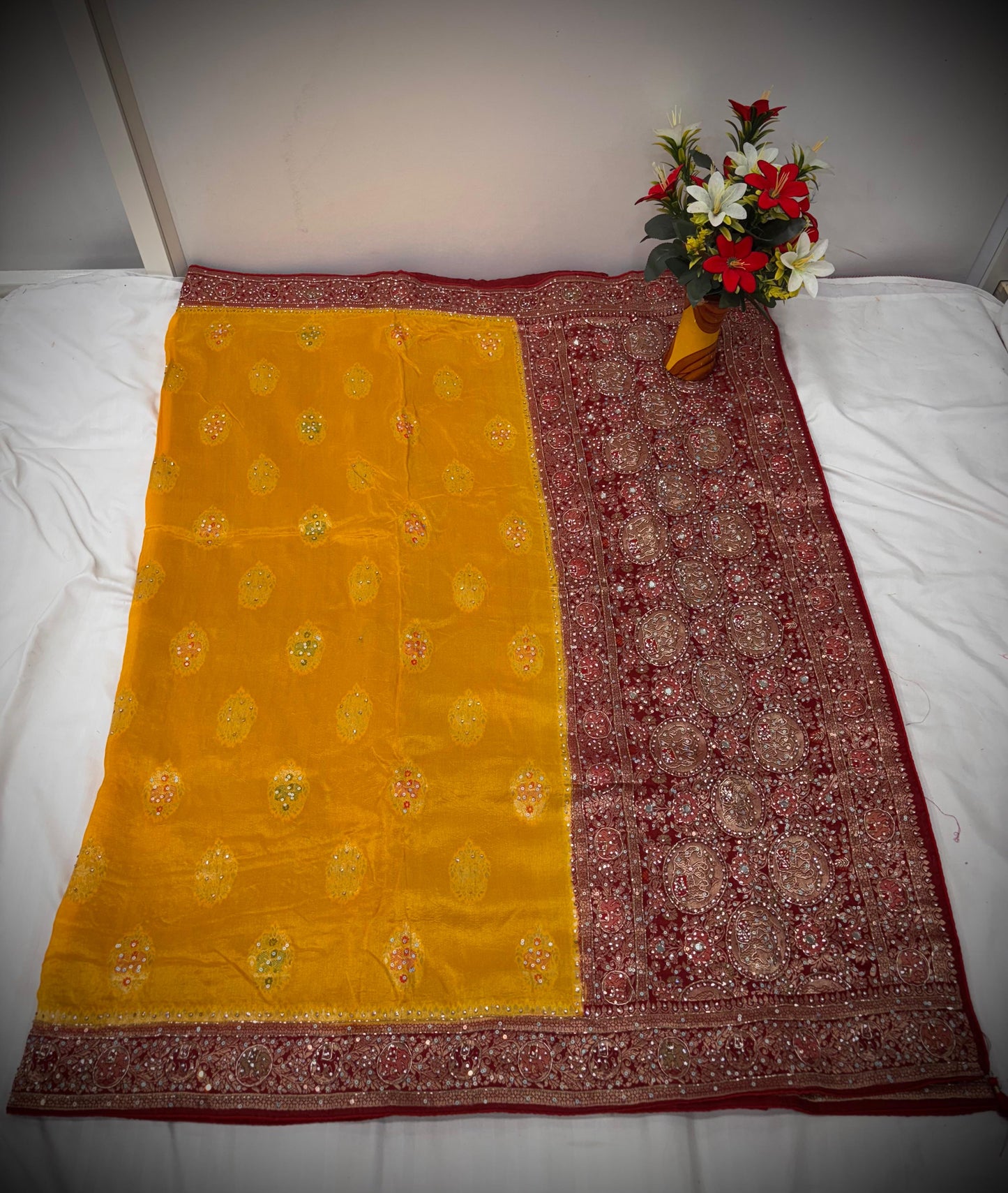 Troika Fashion – Mustard Yellow & Maroon Dola Silk Handwork Saree with Intricate Zari & Stone Embellishments