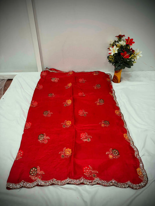 Troika Fashion – Vibrant Red HO Silk MS Buta Saree with Delicate Embroidery & Scallop Border