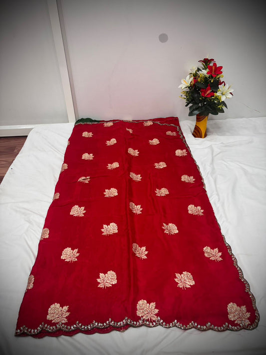 Troika Fashion – Elegant Red HO Silk MS Buta Saree with Embroidered Zari Motifs