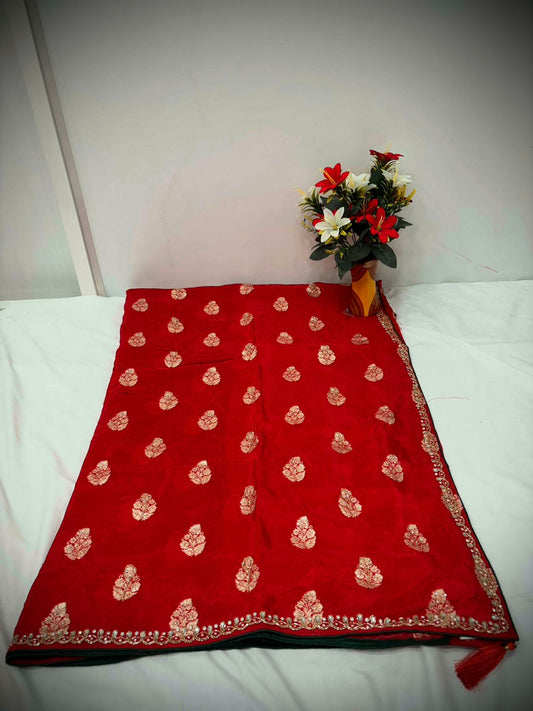 Troika Fashion – Classic Red HO Silk MS Buta Saree with Golden Zari Motifs