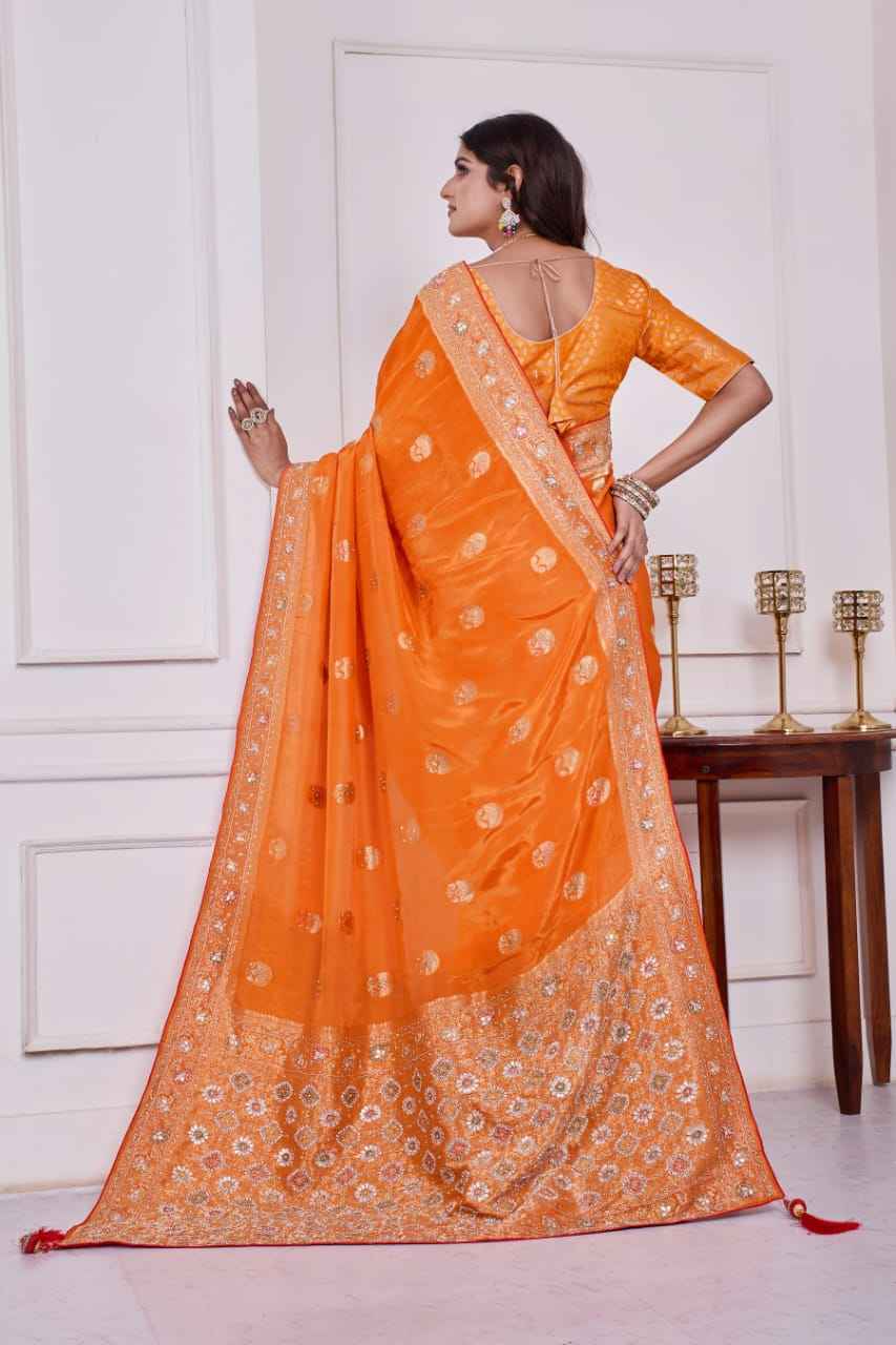 Troika Fashion – Vibrant Orange HO Silk Cutdana, Gotapati & Jarkan Handwork Saree