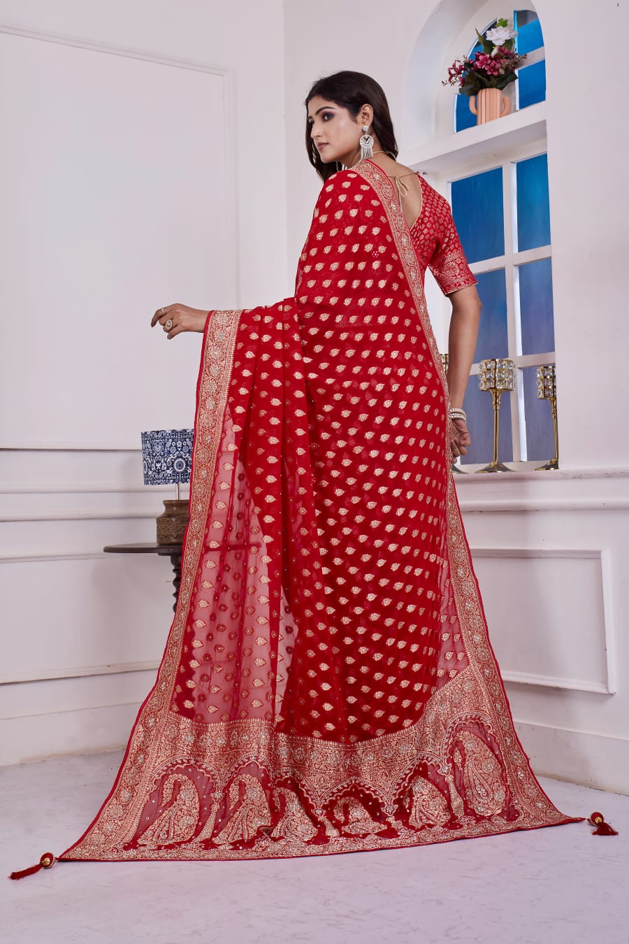❤️ Troika Fashion – Royal Festive Red Khaddi Georgette Weaving Saree with Cutdana & Dabka Handwork