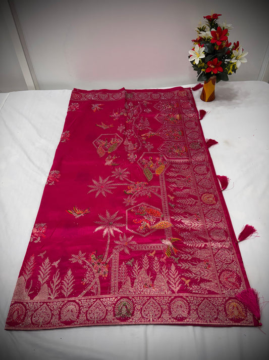 Troika Fashion – Elegant Pink Nylon Dola Jarkan Work Saree