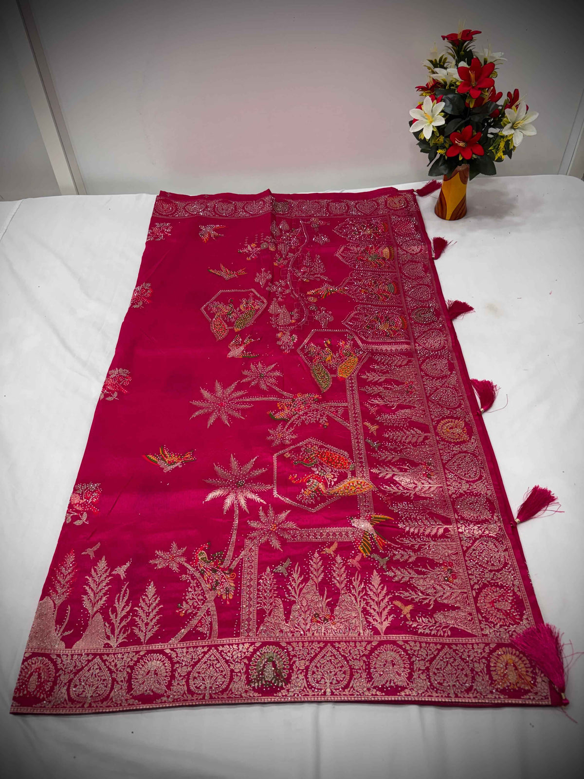 Troika Fashion – Elegant Pink Nylon Dola Jarkan Work Saree