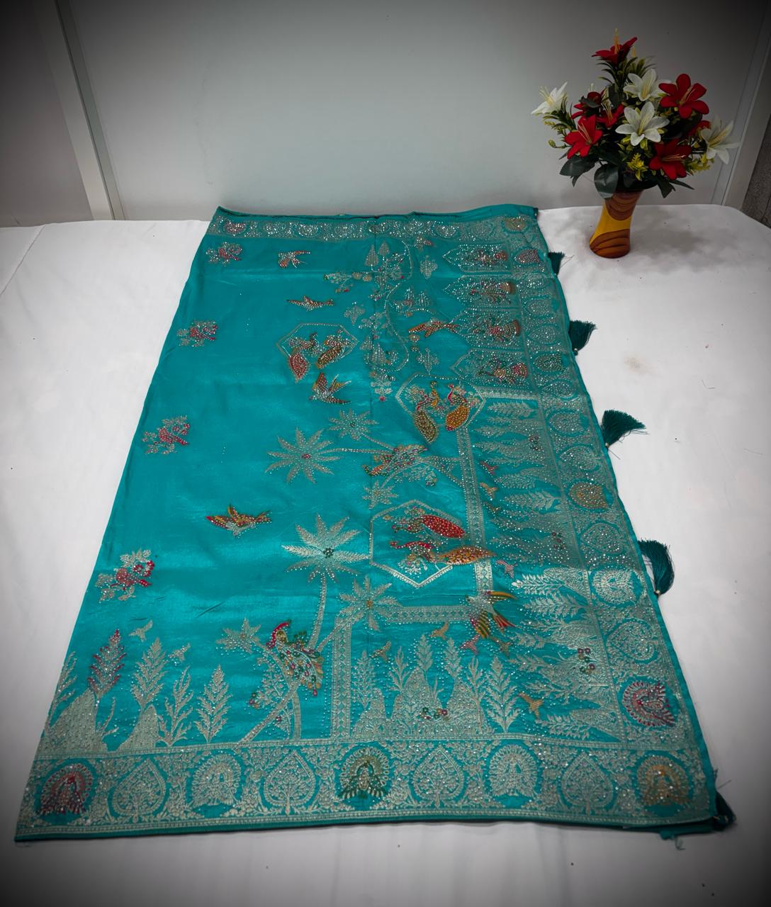 Troika Fashion – Turquoise Nylon Dola Jarkan Work Saree