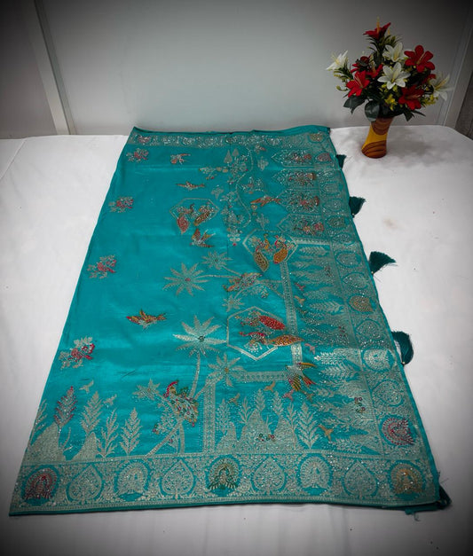 Troika Fashion – Turquoise Nylon Dola Jarkan Work Saree