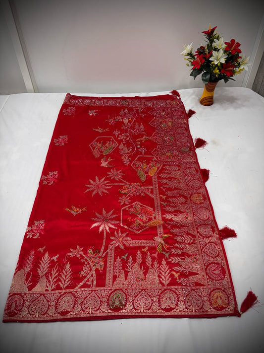 Troika Fashion – Elegant Red Nylon Dola Jarkan Work Saree