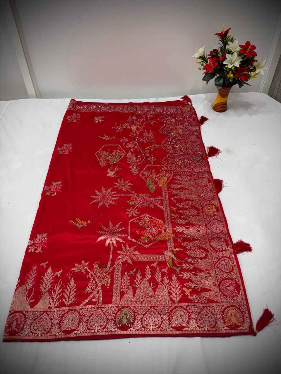 Troika Fashion – Elegant Red Nylon Dola Jarkan Work Saree