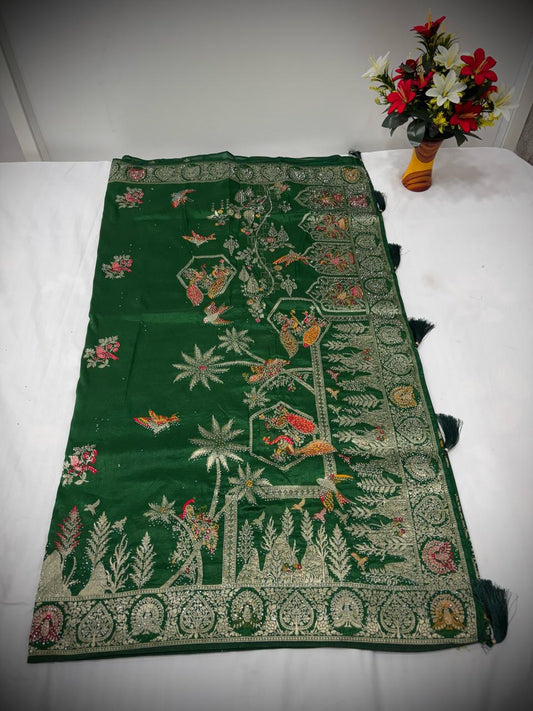 Troika Fashion – Rich Green Nylon Dola Jarkan Work Saree