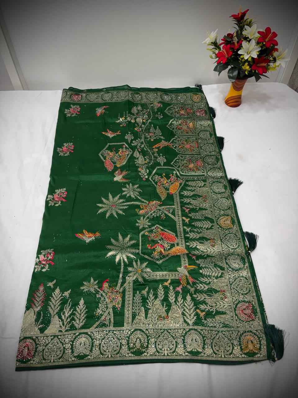 Troika Fashion – Rich Green Nylon Dola Jarkan Work Saree